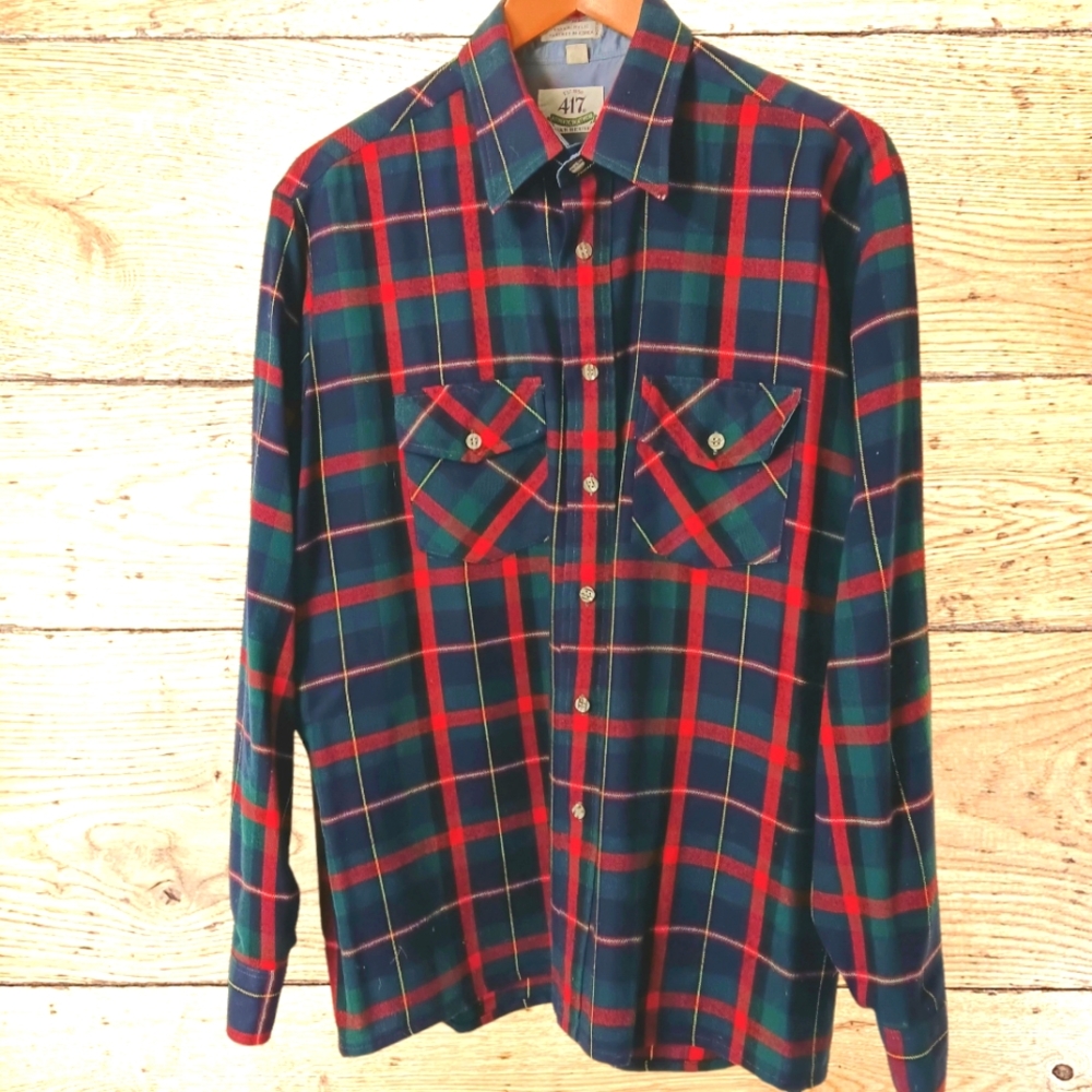 Men's 417 by Van Heusen Plaid L/S Shirt, Size Large, Red/Green,Acrylic Flannel.